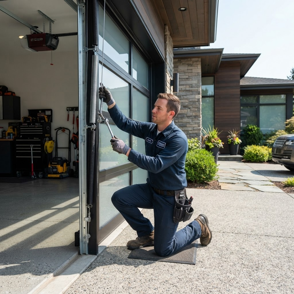 Professional Garage Doors Plus technician servicing a modern residential garage door