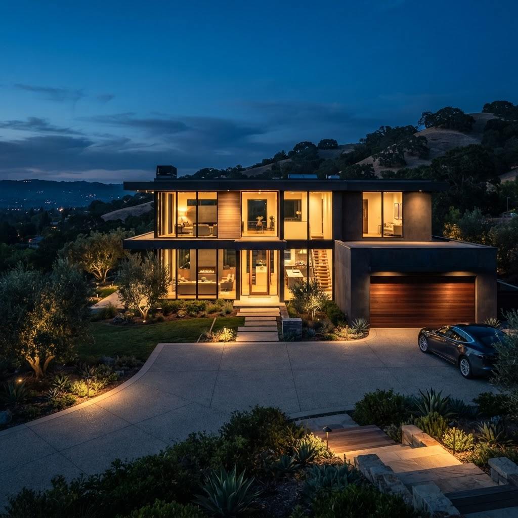 Modern Silicon Valley luxury home at dusk