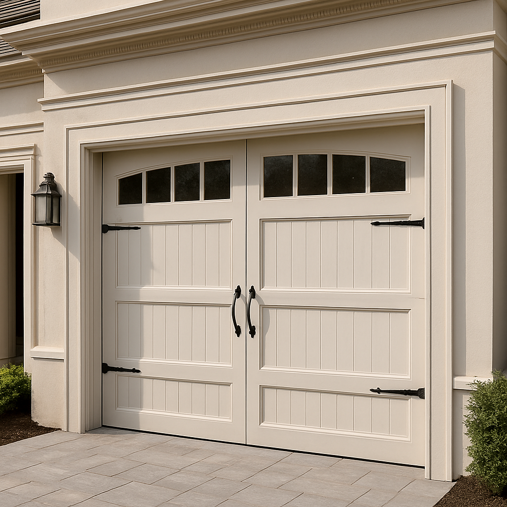 Carriage-style garage door with elegant hardware