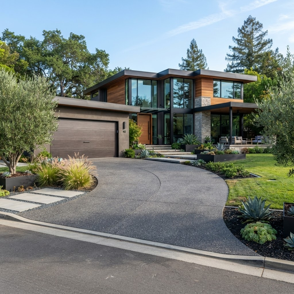 Luxury modern home driveway and garage door