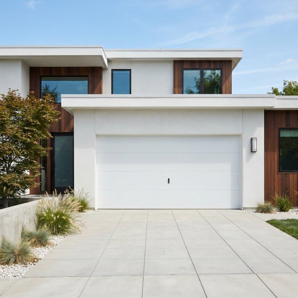 Clean modern white paneled garage door