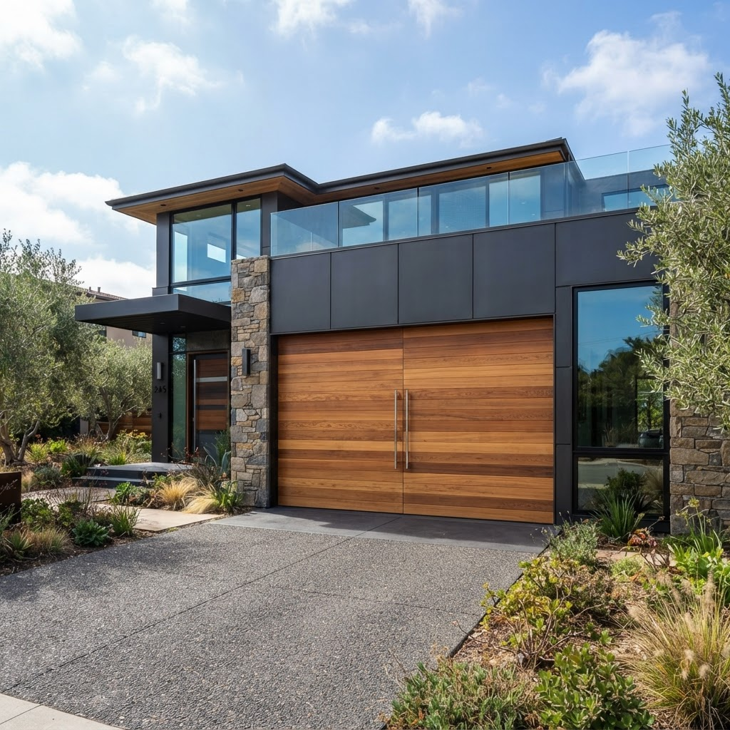 Contemporary wooden garage door with natural grain