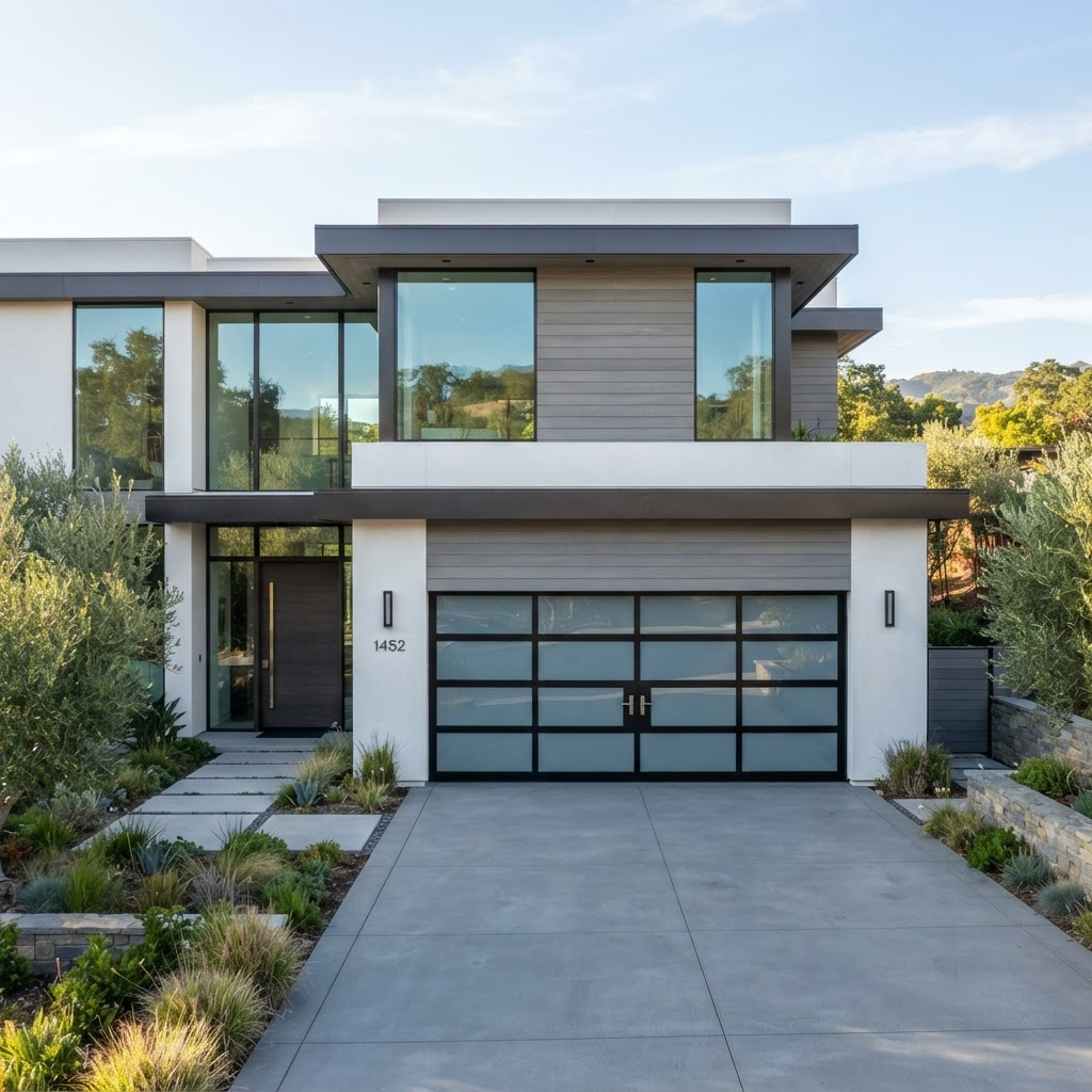 Modern luxury Silicon Valley home with a sleek contemporary garage door