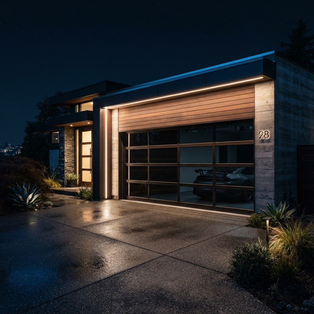 Dramatically lit premium modern garage door on a contemporary luxury home